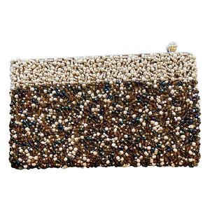 Vintage Textured Beaded Zipper ID Money Wallet Coin Purse Brown white iridescent